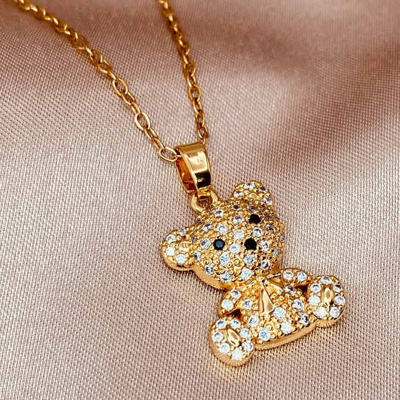 Luzy Jewelry Jewelry - Adorable Teddy Bear Pave CZ Pendant Dainty Chain Necklace in Gold